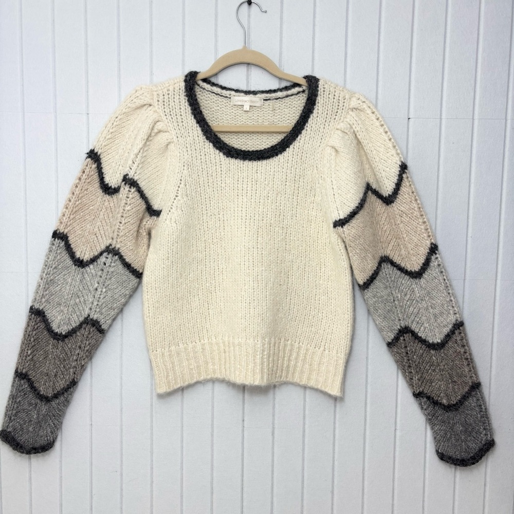 LoveShackFancy Aspyn Beige Gray Colorblock Puff Sleeve Zigzag Knit Sweater L